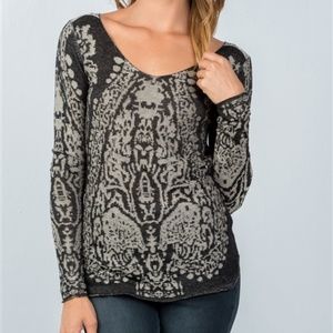 Grey Textured Print Dropped Shoulder Boho Sweater